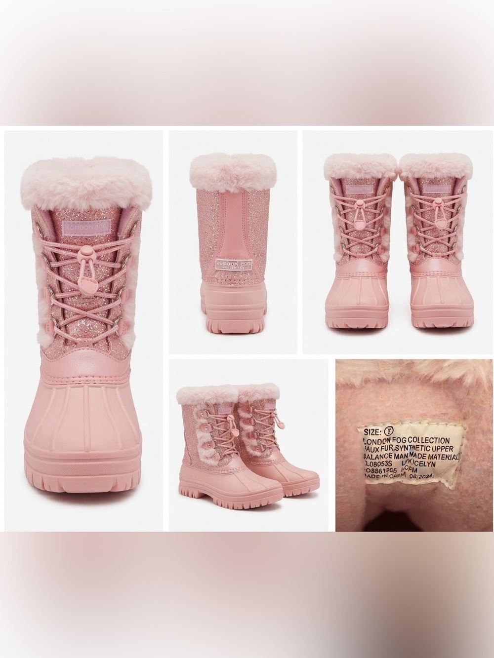 London Fog Kids Pink Glitter Faux Fur Snow Boots Youth Size 5 Waterproof